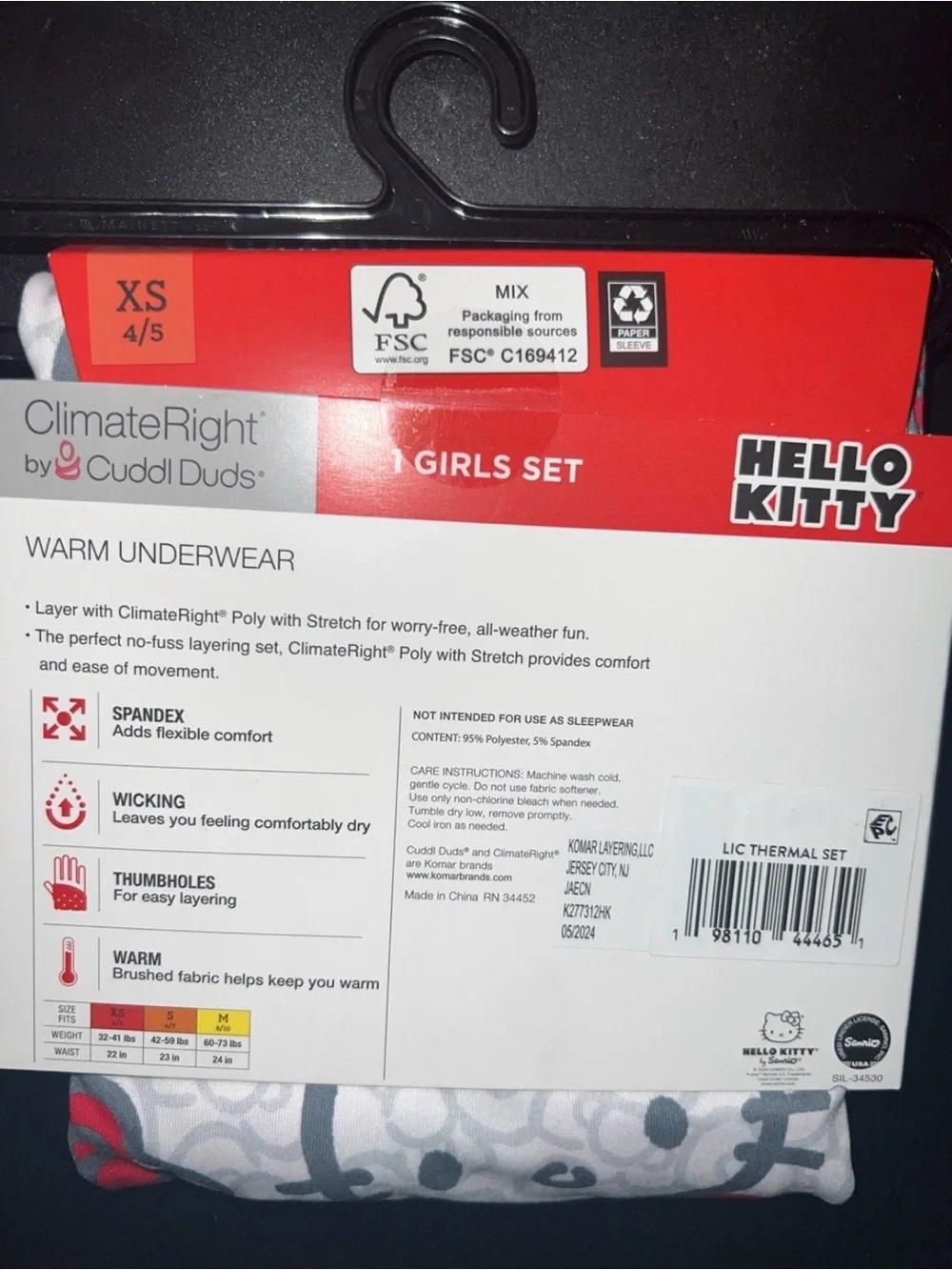 Cuddl Duds Hello Kitty Girls XS Warm Underwear Set - White & Red long sleeve